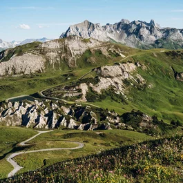 Grüne Alpenlandschaft mit Bergen, Wiesen und kurviger Straße unter blauem Himmel