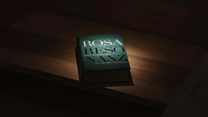 Buch Rosa Luxemburg auf Holztisch unter Lampe im dunklen Raum