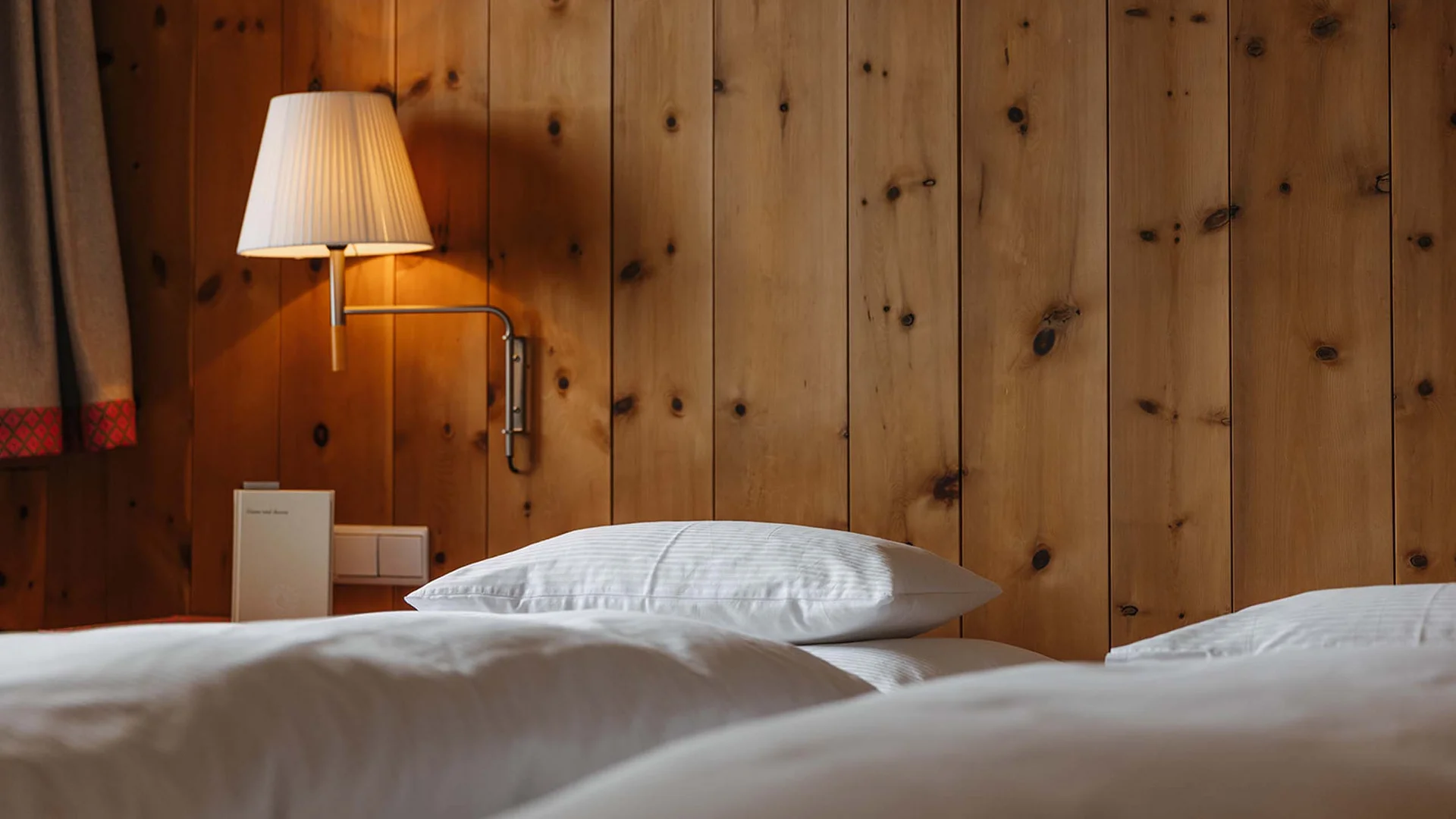 Gemütliches Hotelzimmer mit Holzwand, Wandlampe und weißen Bettkissen