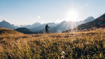 Fahrradfahrer in Alpenwiese bei Sonnenuntergang vor Bergpanorama