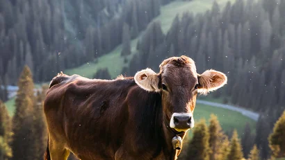 Kuh steht auf grüner Wiese vor bewaldeten Hügeln